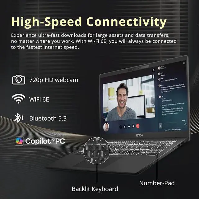 Alt view image 4 of 7 - MSI Venture 16 AI Business Laptop, 16" FHD+ IPS Touchscreen Display, Intel 16 Core Ultra 9 285H(>Core i9-13900H), 32GB DDR5 / 1TB SSD, Backlit KB, Wi-Fi 6E, Bluetooth 5.3, RJ-45, Win11 Pro