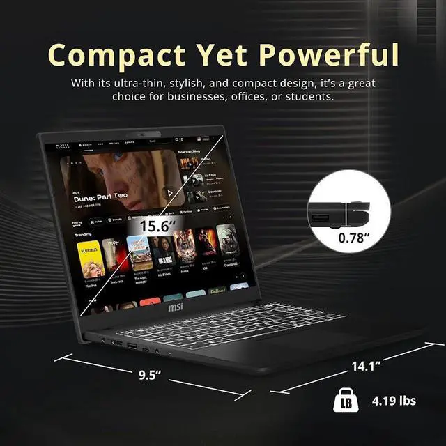 Alt view image 7 of 7 - MSI Venture 16 AI Business Laptop, 16" FHD+ IPS Touchscreen Display, Intel 16 Core Ultra 9 285H(>Core i9-13900H), 32GB DDR5 / 1TB SSD, Backlit KB, Wi-Fi 6E, Bluetooth 5.3, RJ-45, Win11 Pro