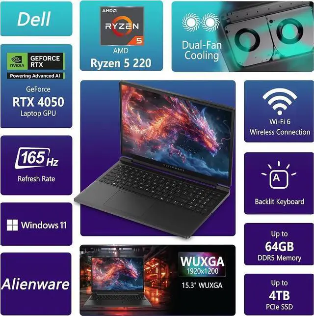 Alt view image 2 of 7 - Dell Alienware 15 Gaming Laptop, 15.3" WUXGA 165Hz 300 Nits 16:10 Display, AMD Ryzen 5 220 (Beat Core i7-1355U), GeForce RTX 4050 6GB GDDR6, 64GB DDR5 / 2TB SSD, Wi-Fi 6, Backlit Keyboard, Win11 Home