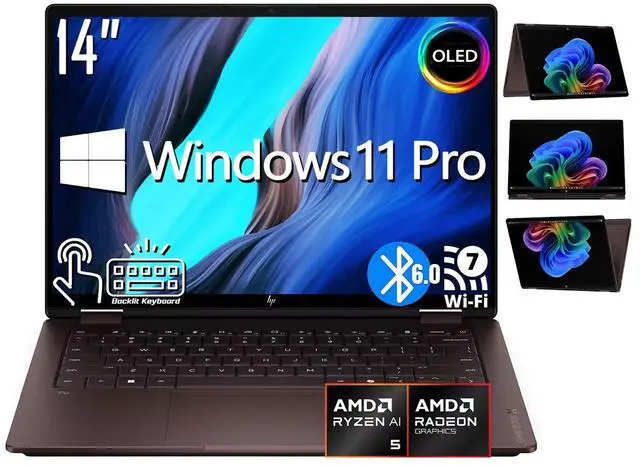 Main image of HP OmniBook X 2-in-1 AI Business Laptop, 14" OLED 2K Touchscreen 300 Nits Display, AMD Ryzen AI 5 430 (Up to 4.5 GHz), 16GB LPDDR5 / 512GB PCIe 4.0 SSD, Wi-Fi 7, Bluetooth 6.0, Backlit KB, Win 11 Pro