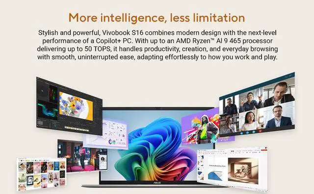 Alt view image 2 of 7 - ASUS Vivobook S16 Business AI Laptop, 16" WUXGA Touchscreen 120Hz 400 nits Display, AMD Ryzen AI 9 465 (beats i9-14900H), 32GB DDR5 / 1TB SSD, Backlit KB, WiFi 6, Bluetooth 5.4, Win 11 Pro