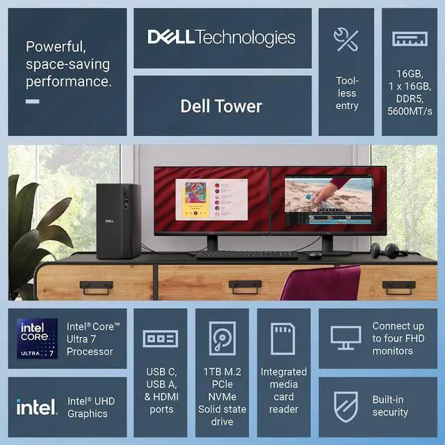 Alt view image 2 of 7 - Dell ECT1250 Tower Desktop Computer, Intel 20-Core Ultra 7 265, 32GB DDR5 RAM / 1TB NVMe SSD, Intel UHD Graphics, Wi-Fi 6 & Bluetooth 5.4, Wired Keyboard & Mouse, AI Copilot, Win11 Home