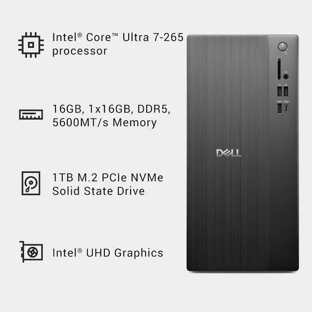 Alt view image 3 of 7 - Dell ECT1250 Tower Desktop Computer, Intel 20-Core Ultra 7 265, 32GB DDR5 RAM / 1TB NVMe SSD, Intel UHD Graphics, Wi-Fi 6 & Bluetooth 5.4, Wired Keyboard & Mouse, AI Copilot, Win11 Home
