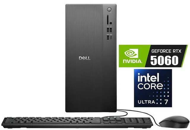Main image of Dell ECT1250 Tower Desktop Computer, Intel 20-Core Ultra 7 265F, 32GB DDR5 RAM / 1TB NVMe SSD, GeForce RTX 5060 8G GDDR7, Wi-Fi 6 & Bluetooth 5.4, Wired Keyboard & Mouse, AI Copilot, Win11 Home