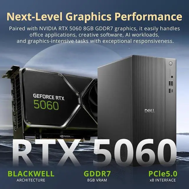 Alt view image 3 of 7 - Dell ECT1250 Tower Desktop Computer, Intel 20-Core Ultra 7 265F, 32GB DDR5 RAM / 1TB NVMe SSD, GeForce RTX 5060 8G GDDR7, Wi-Fi 6 & Bluetooth 5.4, Wired Keyboard & Mouse, AI Copilot, Win11 Pro