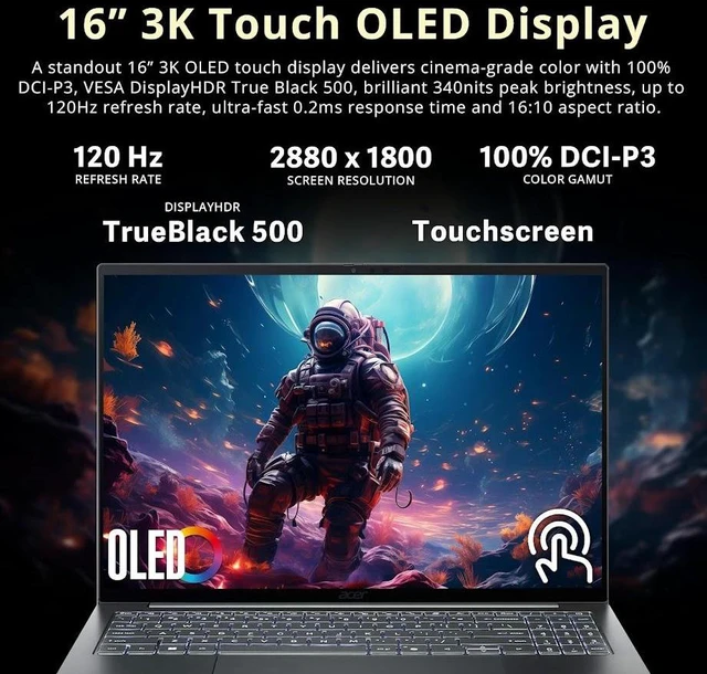 Alt view image 3 of 7 - Acer Swift Go 16 AI Computer Laptop, 16" 3K OLED Touchscreen 120Hz 340 Nits Display, Intel Core Ultra X7 358H, 16GB LPDDR5X / 512GB SSD, Backlit Keyboard, Wi-Fi 7, Intel Arc B390, Win11 Home