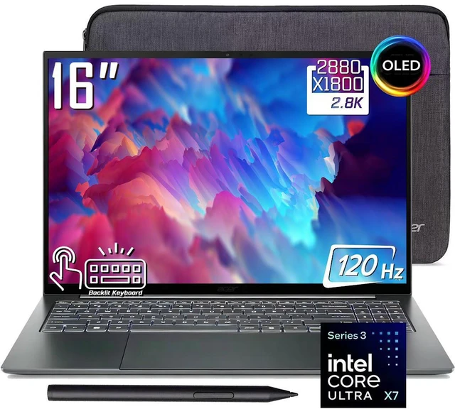 Main image of Acer Swift Go 16 AI Computer Laptop, 16" 3K OLED Touchscreen 120Hz 340 Nits Display, Intel Core Ultra X7 358H, 16GB LPDDR5X / 512GB SSD, Backlit Keyboard, Wi-Fi 7, Intel Arc B390, Win11 Home