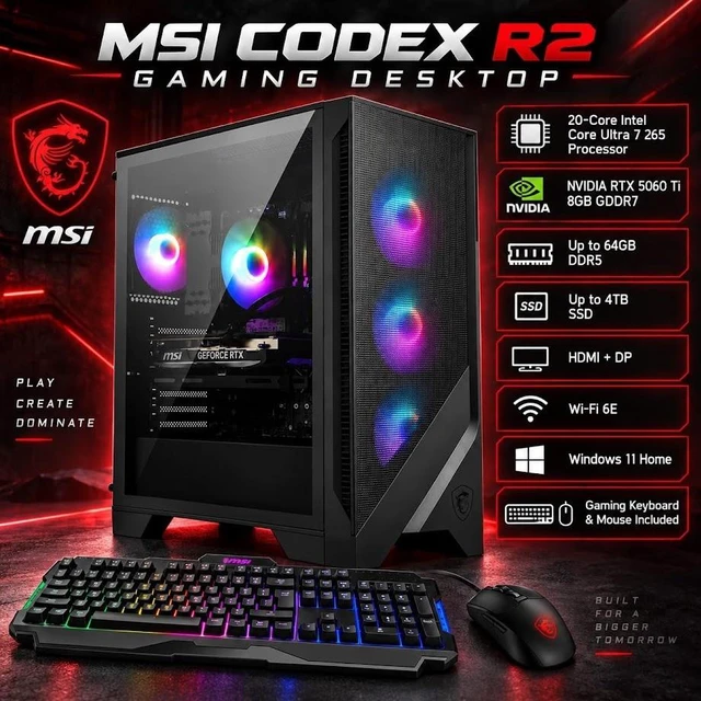 Alt view image 2 of 7 - MSI Codex R2 Gaming Desktop, Intel Core Ultra 7 265(Up to 5.3 GHz), NVIDIA GeForce RTX 5060 Ti 8GB GDDR7, 32GB DDR5 / 1TB SSD, With MSI RGB Gaming Keyboard and Mouse, Air Cooling, Win11 Home