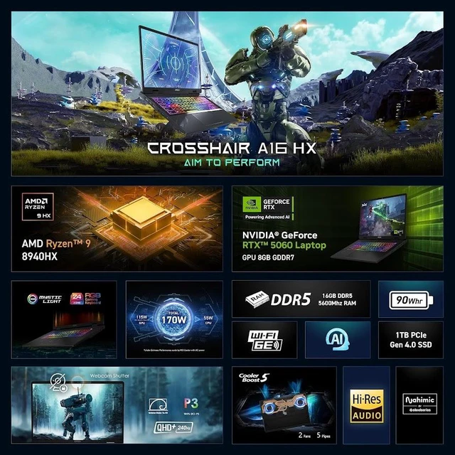 Alt view image 2 of 7 - MSI Crosshair A16 HX Gaming Laptop, 16" QHD IPS 240Hz Display, AMD Ryen 9 8940HX (>i9-13900HX), GeForce RTX 5060 8GB GDDR7, 32GB DDR5 / 1TB SSD, 24-Zone RGB Backlit KB, WiFi 6E, Win11 Pro