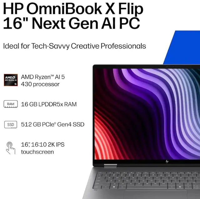Alt view image 3 of 7 - HP OmniBook X 2-in-1 AI Business Laptop, 16" WUXGA IPS Touchscreen 300 Nits Display, AMD Ryzen AI 5 430 (Up to 4.5 GHz), 16GB LPDDR5 / 1TB PCIe SSD, Wi-Fi 7, Bluetooth 6.0, Backlit KB, Win 11 Home