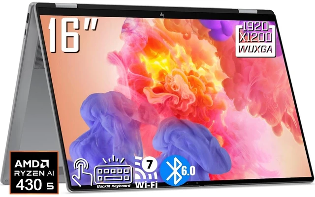 Main image of HP OmniBook X 2-in-1 AI Business Laptop, 16" WUXGA IPS Touchscreen 300 Nits Display, AMD Ryzen AI 5 430 (Up to 4.5 GHz), 16GB LPDDR5 / 1TB PCIe SSD, Wi-Fi 7, Bluetooth 6.0, Backlit KB, Win 11 Home