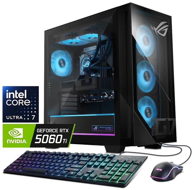 Main image of ASUS ROG G700 (2026) Gaming Desktop PC, Intel Core Ultra 7 265KF Processor, NVIDIA GeForce RTX 5060 Ti Dual, 32GB DDR5 / 1TB M.2 SSD, With ASUS RGB Gaming Keyboard and Mouse, Liquid Cooler, Win11 Home
