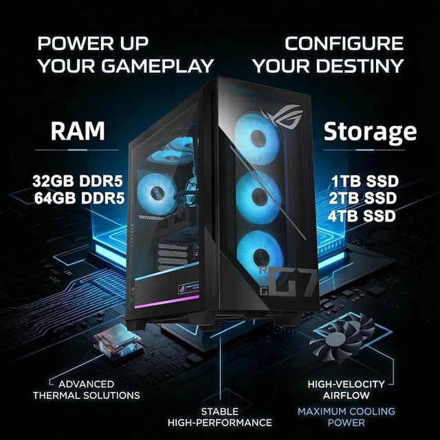 Alt view image 2 of 7 - ASUS ROG G700 (2026) Gaming Desktop PC, Intel Core Ultra 7 265KF Processor, NVIDIA GeForce RTX 5060 Ti Dual, 32GB DDR5 / 1TB M.2 SSD, With ASUS RGB Gaming Keyboard and Mouse, Liquid Cooler, Win11 Home