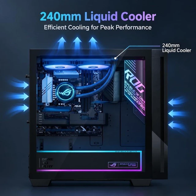 Alt view image 4 of 7 - ASUS ROG G700 (2026) Gaming Desktop PC, Intel Core Ultra 7 265KF Processor, NVIDIA GeForce RTX 5060 Ti Dual, 32GB DDR5 / 1TB M.2 SSD, With ASUS RGB Gaming Keyboard and Mouse, Liquid Cooler, Win11 Home