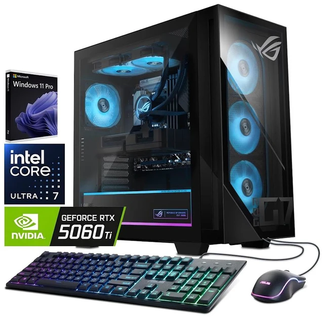 Main image of ASUS ROG G700 (2026) Gaming Desktop PC, Intel Core Ultra 7 265KF Processor, NVIDIA GeForce RTX 5060 Ti Dual, 32GB DDR5 / 1TB M.2 SSD, With ASUS RGB Gaming Keyboard and Mouse, Liquid Cooler, Win11 Pro