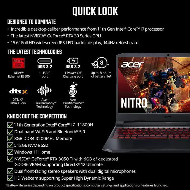 Alt view image 6 of 7 - Acer Nitro 5 15.6 FHD 144Hz IPS Gaming Laptop, Intel 8-Core i7-11800H (Beat Ryzen 7 5800H), 16GB RAM 1TB SSD, NVIDIA GeForce RTX 3050 Ti 4GB GDDR6, Backlit KB, Windows 11 Home 1 TB 16GB