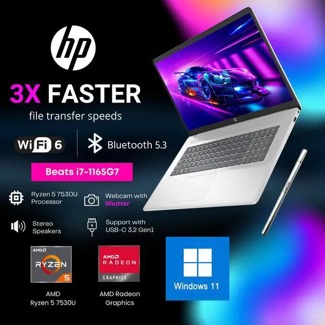 Alt view image 5 of 6 - HP Touchscreen Laptop, 17.3" HD+ Display, AMD Ryzen 5 7530U Processor (Beats i7-1165G7, 6 Cores, 12 Threads), 32GB RAM - 1TB SSD, Wi-Fi 6, Webcam, HDMI, Windows 11 Home 1 TB PCIe 32GB