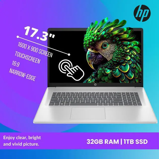 Alt view image 2 of 6 - HP Touchscreen Laptop, 17.3" HD+ Display, AMD Ryzen 5 7530U Processor (Beats i7-1165G7, 6 Cores, 12 Threads), 32GB RAM - 1TB SSD, Wi-Fi 6, Webcam, HDMI, Windows 11 Home 1 TB PCIe 32GB