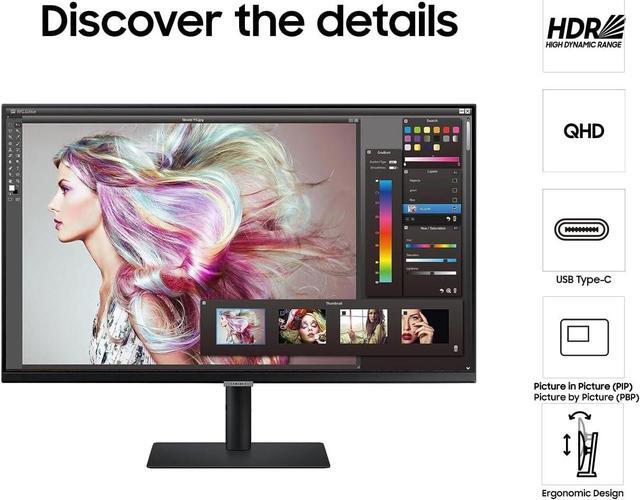 Alt view image 4 of 7 - SAMSUNG 32 Inch QHD 2K Computer LED Monitor with HDR (HDMI, USB-C) Fully Adjustable Stand, Display Port Daisy Chain, Ethernet, HDMI, Black