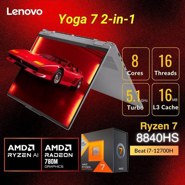 Alt view image 5 of 7 - Lenovo Yoga 7 2-in-1 AI Laptop, 16" WUXGA 1920x1200 Touchscreen, AMD Ryzen 7 8840HS(>i7-12700H, 5.10 GHz), 16GB LPDDR5X RAM 1TB SSD, Backlit Keyboard, Fingerprint, Windows 11 Home