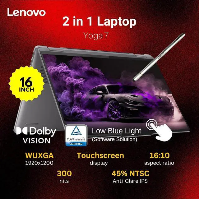 Alt view image 2 of 7 - Lenovo Yoga 7 2-in-1 AI Laptop, 16" WUXGA 1920x1200 Touchscreen, AMD Ryzen 7 8840HS(>i7-12700H, 5.10 GHz), 16GB LPDDR5X RAM 1TB SSD, Backlit Keyboard, Fingerprint, Windows 11 Home