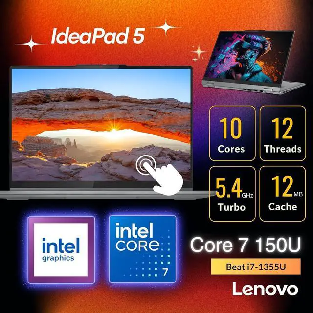 Alt view image 3 of 6 - Lenovo IdeaPad 5i 2-in-1 Laptop, 16" WUXGA IPS Touchscreen, Intel 10-Core 7 150U(>i7-1355U, 5.4 GHz), 16GB LPDDR5X RAM 1TB SSD, Copilot AI Laptop, Backlit Keyboard, Fingerprint Reader, Win11 Home