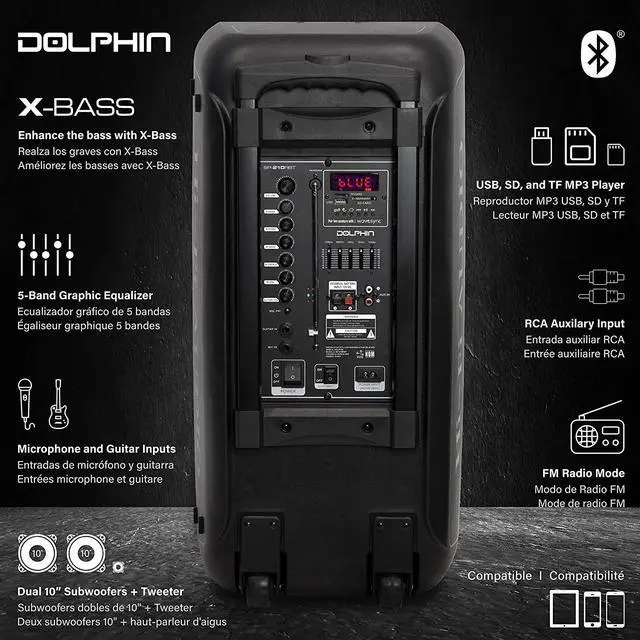 Alt view image 7 of 11 - Dolphin SP-210RBT Rechargeable Dual 10" Party Speaker with Lights