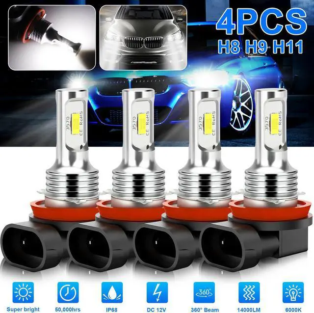 Main image of 4x H8 H9 H11 Super White LED Headlight Bulbs Conversion Kit High Low Beam 6000K