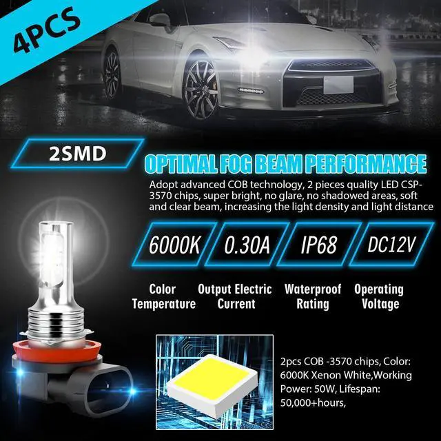 Alt view image 2 of 6 - 4x H8 H9 H11 Super White LED Headlight Bulbs Conversion Kit High Low Beam 6000K