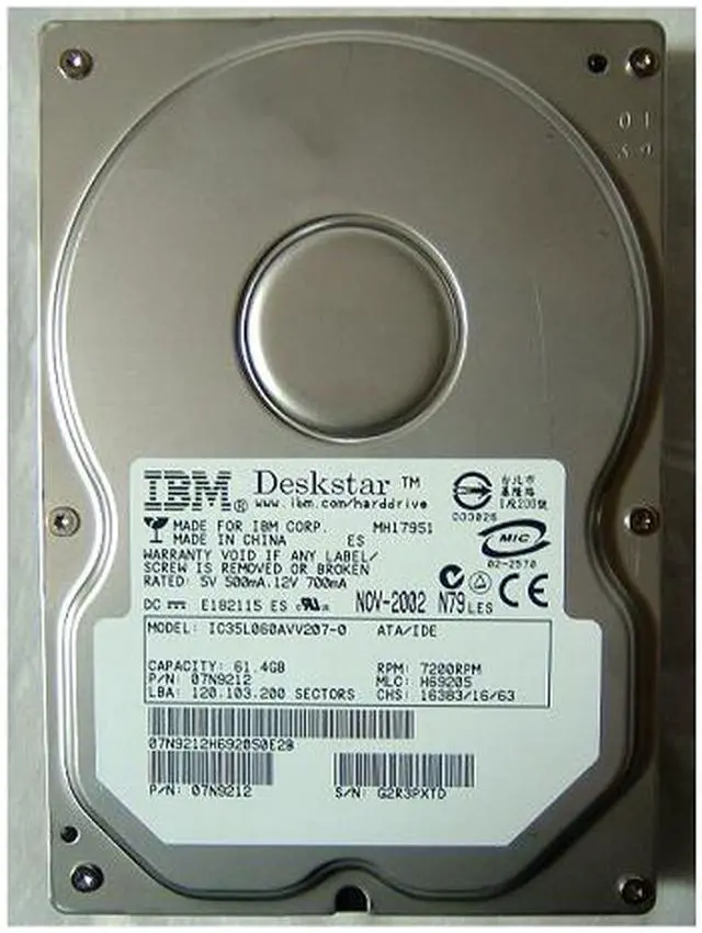 Main image of IC35L060AVV207-0 IBM 60GB 7200RPM 2MB 3.5INCH HARD DRIVE