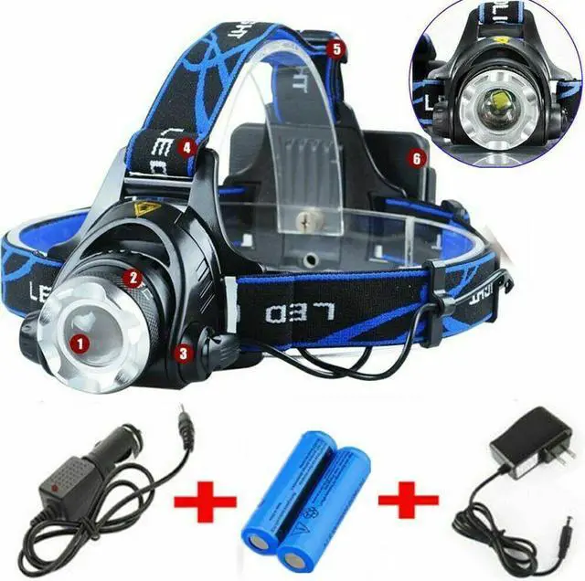 Alt view image 2 of 6 - 1200000LM Rechargeable Head light LED Tactical Headlamp Zoomable+2x Charger+Batt