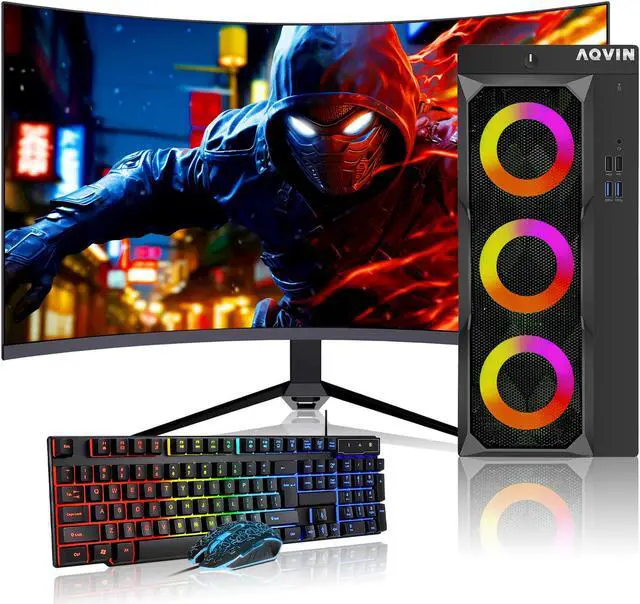 Main image of Gaming PC - AQVIN LuminaRings Desktop Computer/ Intel core I7 Up to 4.20 GHz / GeForce GTX 1630 4GB DDR6 Graphics Card / 1TB SSD/ 32GB DDR4 RAM / 27 Inch Curved Monitor / RGB / WiFi / Windows 10 Pro