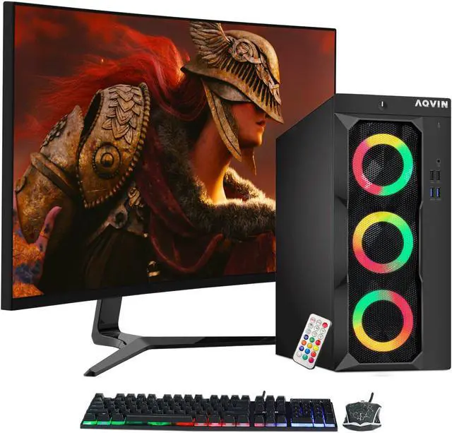 Main image of AQVIN LuminaRings Gaming PC Desktop Tower Computer, Intel Core I7, GTX 1050Ti Graphics Card(HDMI), 1TB SSD, 32GB DDR4 RAM, Windows 10 Pro, 27-inch Curved Gaming Monitor, RGB Lights, WiFi, RGB