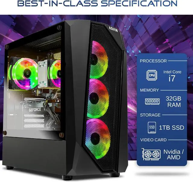Alt view image 3 of 7 - AQVIN AQ30 High-Performance Gaming Desktop Computer PC, NVIDIA GeForce GTX 1650 4GB GPU, Intel Core i7 CPU, 2TB SSD, 32GB DDR4 RAM, Windows 10 Pro, RGB Gaming Keyboard Mouse Combo