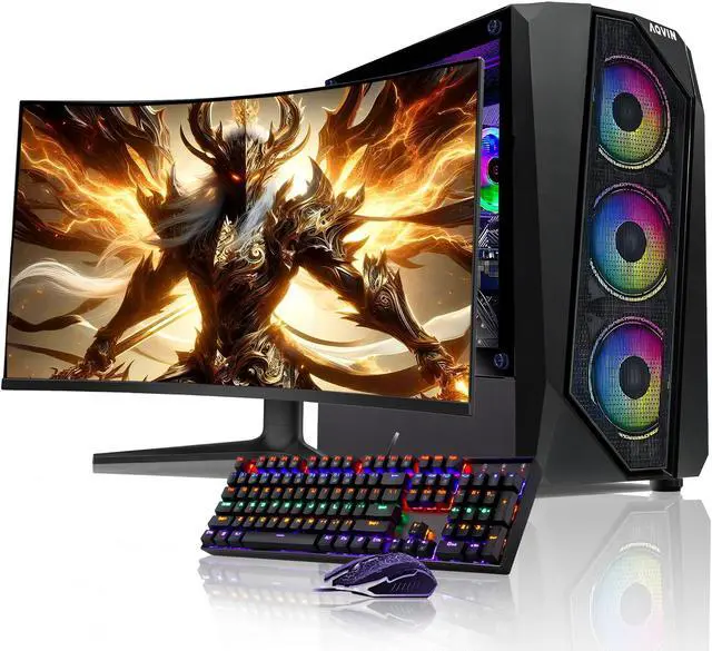 Main image of AQVIN AQ30 Gaming PC Windows 11 Pro Tower Computer - Intel Core I7 CPU Up to 4.60 GHz | GeForce RTX 4060 8GB Graphics Card 27-inch Curved Gaming Monitor | 32GB DDR4 RAM | 2TB NVMe SSD | Built-in WIFI