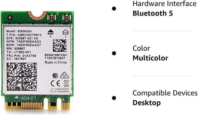 Alt view image 10 of 10 - Intel 9260NGW 2.4G/5G 300Mbps+1730Mbps 160 MHz Channels Bluetooth 5.0 NGFF Combo Wifi Adapter