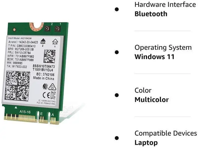 Alt view image 16 of 17 - Intel AX210 IEEE 802.11ax Bluetooth 5.2 Tri Band Wi-Fi/Bluetooth Combo Adapter for Notebook - M.2 - 2.40 Gbit/s - 2.40 GHz ISM - 6 GHz UNII - Internal