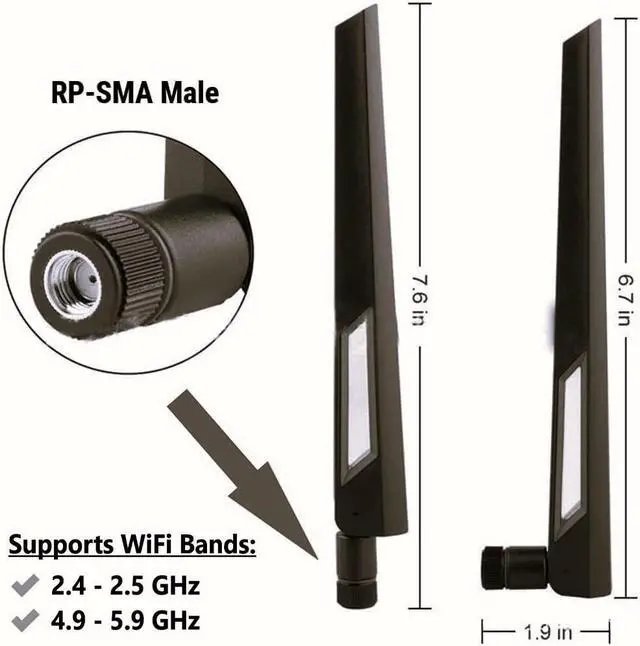 Alt view image 2 of 4 - Black and Black 10dBi Dual Band Signal Booster Wi-Fi Antennas (2.4GHz/5GHz-5.8GHz) with RP-SMA Male Connector for Wireless Camera, Router, Hotspot - 2 Pack