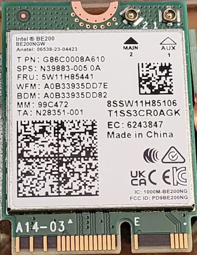 Alt view image 6 of 9 - Intel Network Intel Wi-Fi 7 BE200 2230 2x2 BE+BT No vPro