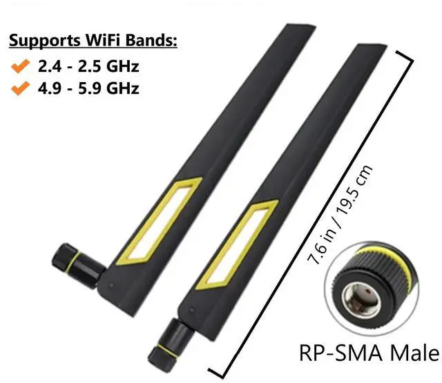 Alt view image 2 of 4 - Black and Gold 10dBi Dual Band Signal Booster Wi-Fi Antennas (2.4GHz/5GHz-5.8GHz) with RP-SMA Male Connector for Wireless Camera, Router, Hotspot - 2 Pack