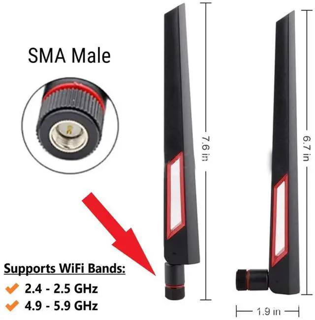 Alt view image 2 of 4 - Black and Red 10dBi Dual Band Signal Booster Wi-Fi Antennas (2.4GHz/5GHz-5.8GHz) with SMA Male Connector for Wireless Camera, Router, Hotspot - 2 Pack