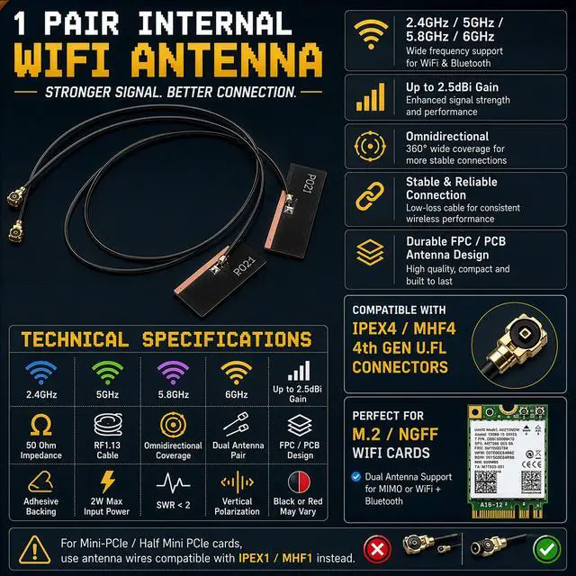 Alt view image 7 of 7 - WiFi Antenna for PC Desktop Laptop Motherboard | 1-Pair 50cm (20in) | Internal Antenna Cables Compatible with MHF4, IPEX4 & 4th Gen U.FL | For M.2 NGFF WiFi Cards AX200 AX210 BE200