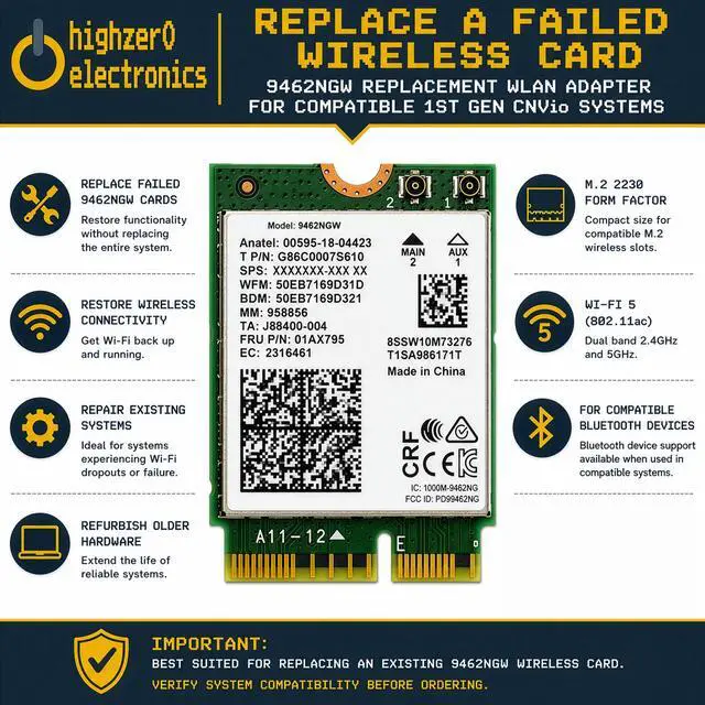 Alt view image 2 of 7 - HighZer0 Electronics Wireless-AC 9462 Legacy Wi-Fi Adapter | 433Mbps WiFi with Bluetooth 5.1 | 2.4GHz & 5GHz Network Card | Requires 8-9th Gen Intel CPU | 9462NGW Wireless Adapter