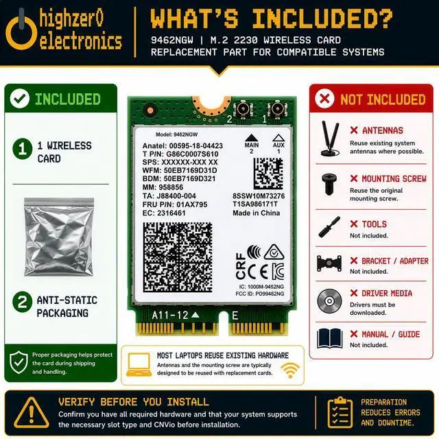 Alt view image 7 of 7 - HighZer0 Electronics Wireless-AC 9462 Legacy Wi-Fi Adapter | 433Mbps WiFi with Bluetooth 5.1 | 2.4GHz & 5GHz Network Card | Requires 8-9th Gen Intel CPU | 9462NGW Wireless Adapter