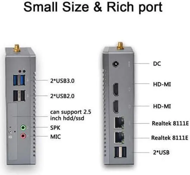 Alt view image 4 of 7 - Fanelss Rugged Mini PC, Intel Celeron N2940, HUNSN BH10, Desktop Palm Computer, Windows 11 Pro or Linux Ubuntu, PXE, WOL Support, 2 x HDMI, 2 x LAN, 4 x USB2.0, 2 x USB3.0, 8G RAM, 128G SSD