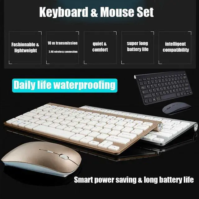 Alt view image 3 of 7 - Mini Wireless Keyboard Mouse Set Waterproof 2.4G for Mac Apple PC Computer Gold