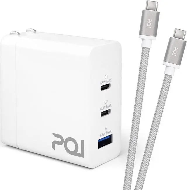Main image of PQI 65W USB C Wall Charger & Type C Charging Cable Bundle | 65 Watt GaN Tech Adapter USB Plug | 3 Ports (2 USB-C/1 USB-A) | Supports PD 3.0 Fast Charging | Compatible with Apple iPhone 12 & Up | White
