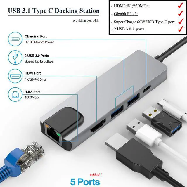 Main image of USB 3.1  Type C Docking Station providing HDMI 4K @30MHz / Gigabit RJ 45 / Super Charge 60W USB Type C port / + 2 USB 3.0 A ports