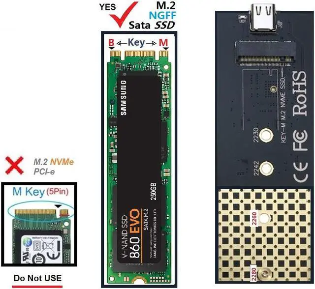 Alt view image 4 of 4 - USB 3.1 Type C ( 10Gbps ) or USB 3.0 A ( 5Gbps ) Black Aluminium External Converter for M.2 Sata NGFF SSD with 6 Pin B + M Key & 2280 Module Type
