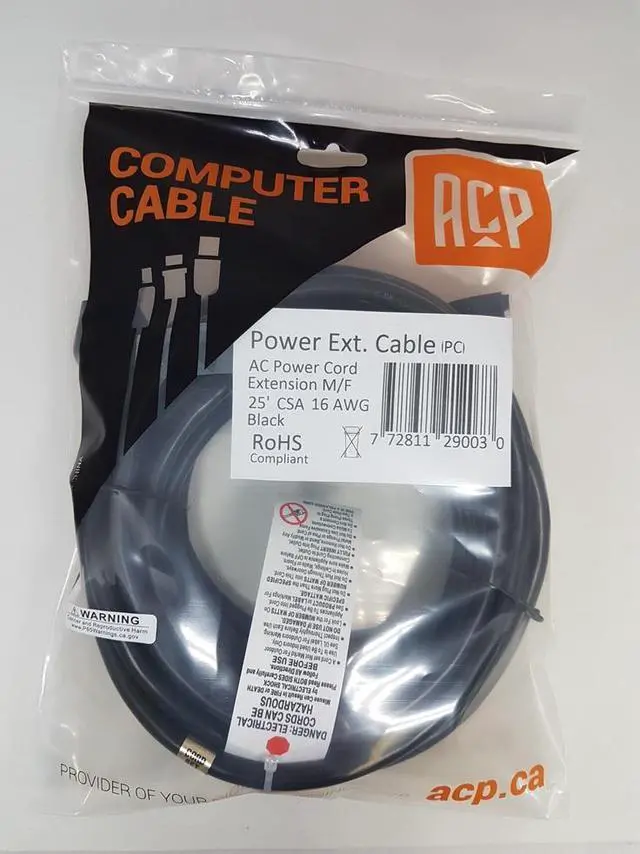 Alt view image 7 of 7 - AC Power Cord Extension Male to Female  – 16 AWG, Black  25 ' (CSA / CUL ), Wall to Computer